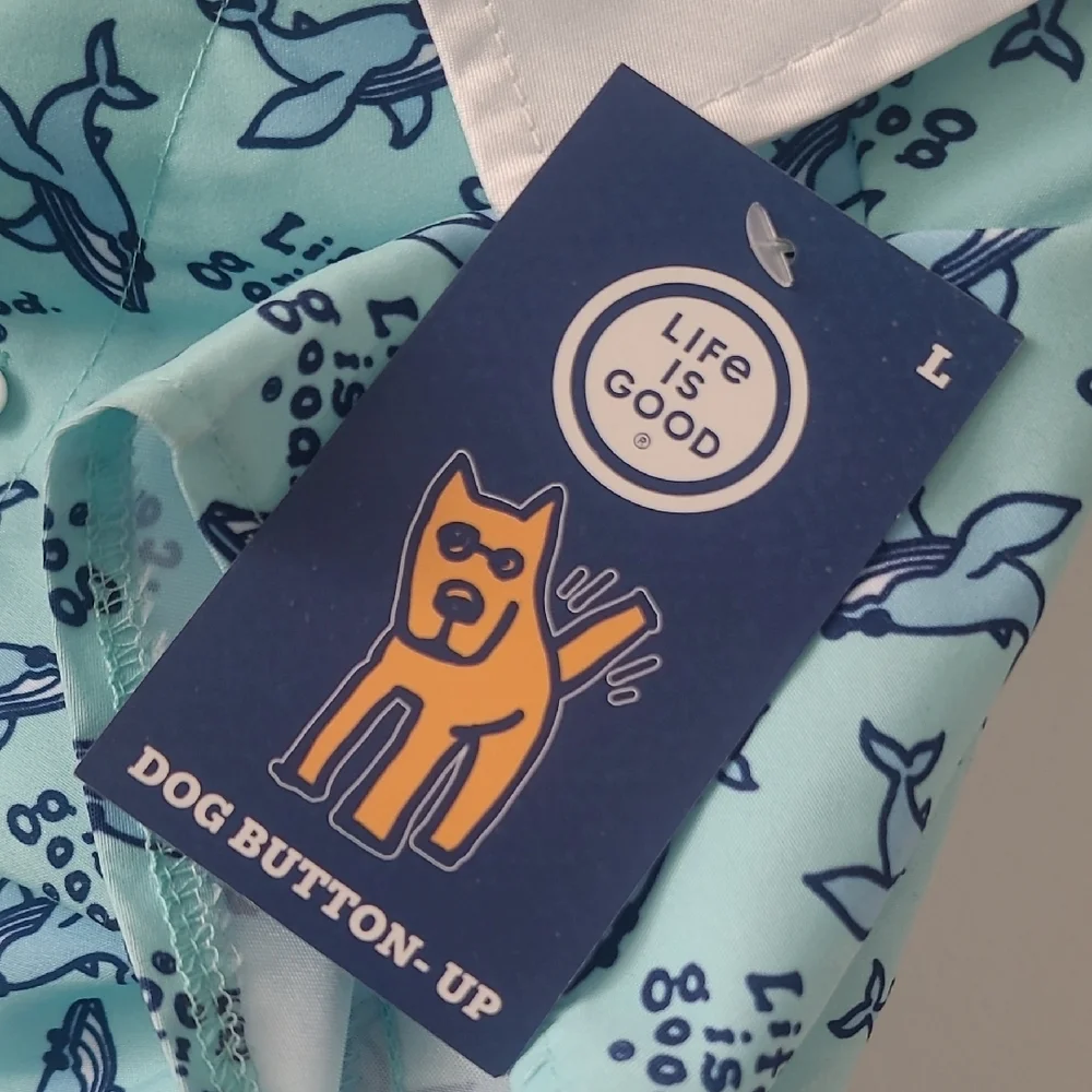 Life is Good Aqua Dog Button-Up‎ Shirt Large New w/ Tag